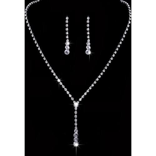 Simple Delicate Long Pendant Necklace Earring Bling Crystal Bridal Jewelry Sets for Bride Noiva Wedding Dress Decor Jewelry
