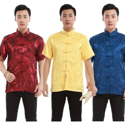 New Year Traditional Chinese Clothing for Men Tops Print Dragon Short Sleeve Satin Tang Suit China Fashion Style Adult clothes