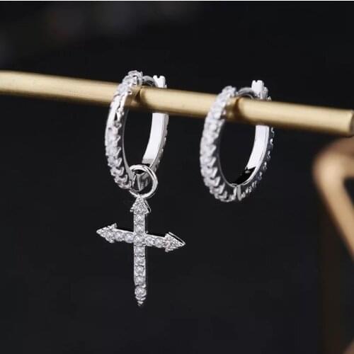 New Small High Quality Asymmetric Cross Earrings Micro-set Zircon Cold Light Personality Hipster Net Hot Ladies Jewelry