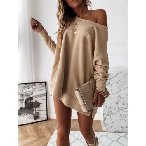 2021 Autumn Off Shoulder Sexy Casual Women T-Shirts Long Sleeve Loose All-match Tops Solid Color Oversized Tunic Hip Tees Femme
