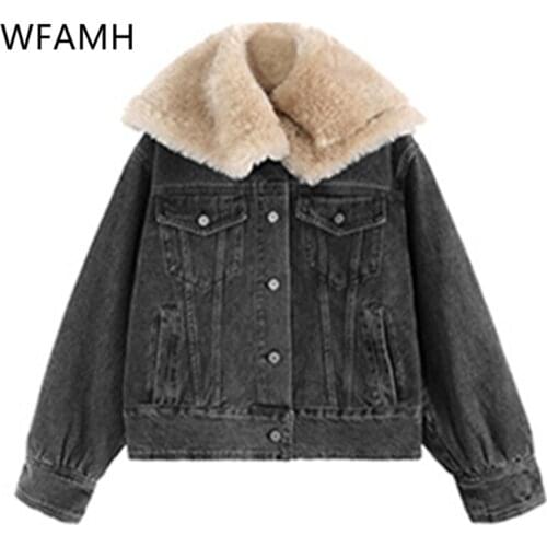 2020 Autumn Winter New Korean Students Loose Plus Size Jean Clothing women Lamb Wool Coat Plus Cashmere Denim Jacket Female top