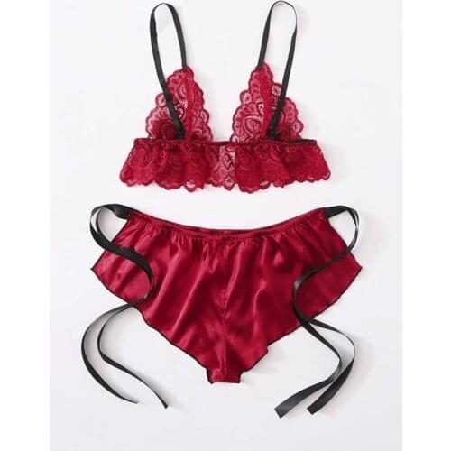 Two Piece Babydoll Pajamas Women Lace Triangle Bralette Bra+Lace Up Bowknot Shorts Satin Sleepwear Nightwear Sexy Lingerie Set