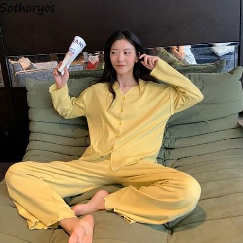 Pajama Sets Women Solid V-neck Single Breasted Casual Soft Females Sleepwear Tops Autumn Sweet Loose Full Length Trousers Chic
