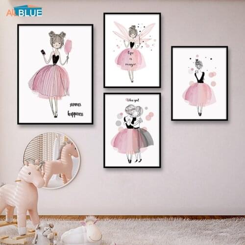 Poster Nordic Pink Cute Cartoon Girl Posters and Print Nursery Wall Art Canvas Painting Wall Picture For Baby Bedroom Decoration