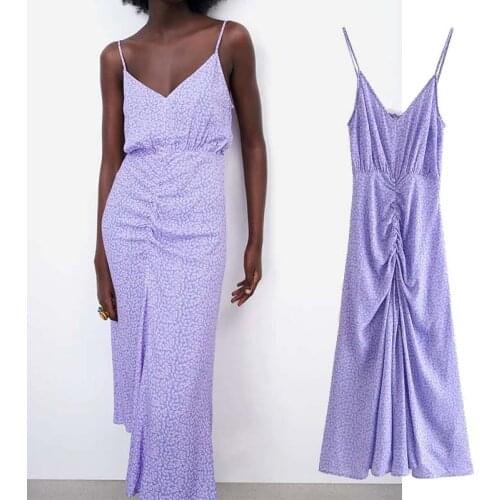 Za 2021 Summer Dress Women Fashion Solid Purple Folds Camisole Midi Dresses Backless Sexy Female Elegant Party Vestidos
