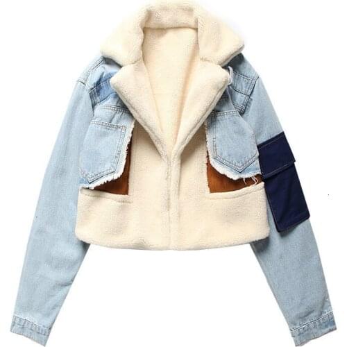 Plush denim stitching jacket winter new lamb hair liner thickening short motorcycle jacket cotton-padded jacket women Y844