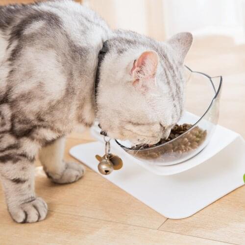 Cat Non-Slip Double Food Bowl with 15° Slant Support, Cute Cat-Shaped Bowl with Cervical Protection, Black/White/Transparent