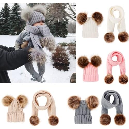 Winter Hats Ears Girls Boys Cap+Scarf 2Pcs Kids Set Baby Keep Warm Children Knit Wool Fur Double Hat Knitted Cute Cap Scarf Set