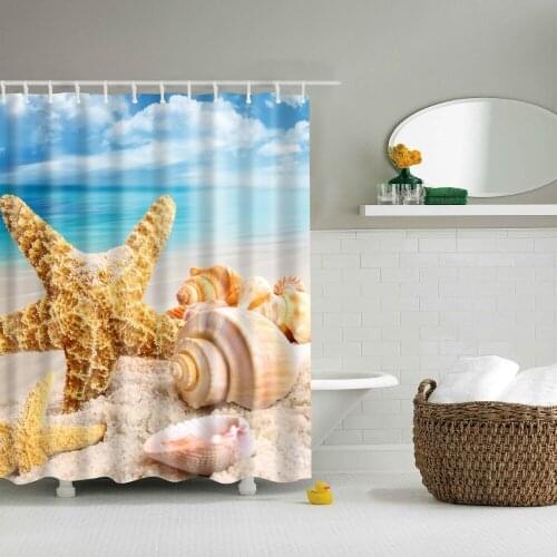Nordic Style Seaside Scenery Beach Shell Shower Curtains Bathroom Curtain Frabic Waterproof Polyester Bath Curtain With Hooks
