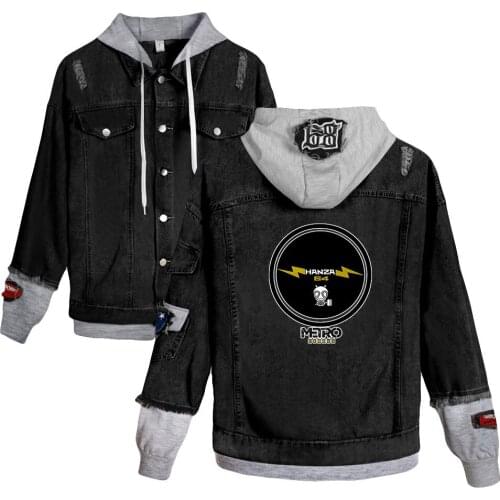 Metro Exodus print autumn and winter Holiday Preppy Style Men/Women Street clothes Denim Hooded fleece