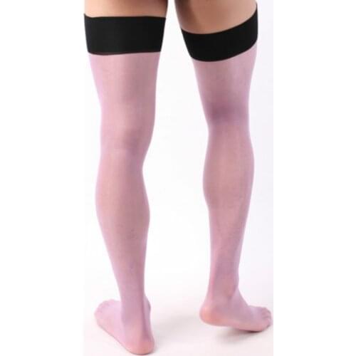 Adult Funny Oil Shine Shiny Thigh High Stockings for Men Underwear Sexy Lingerie Wide Rib Top Cuff Silk Stocking Purple Color