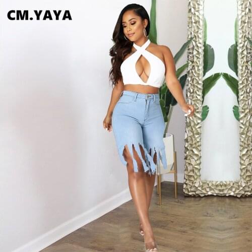 CM.YAYA Women Jeans Solid Tassel Mid Waist Pockets Stretchy Knee Length Denim Shorts Sexy Fashion Streetwear Summer Trousers