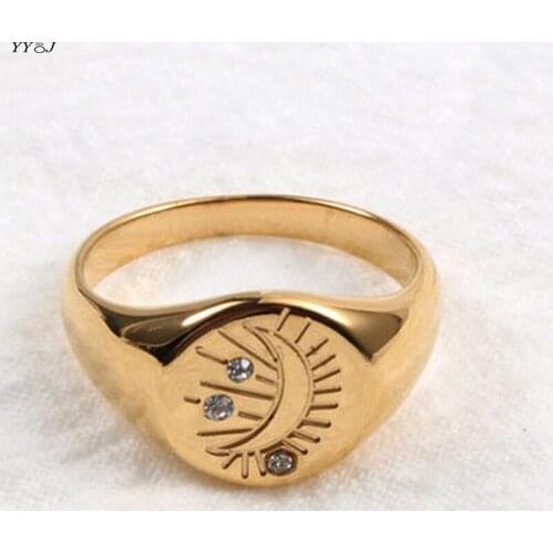 Cz stone Moon and star signet rings for women stainless steel gold vintage rings free tarnish wholesale items women accessories