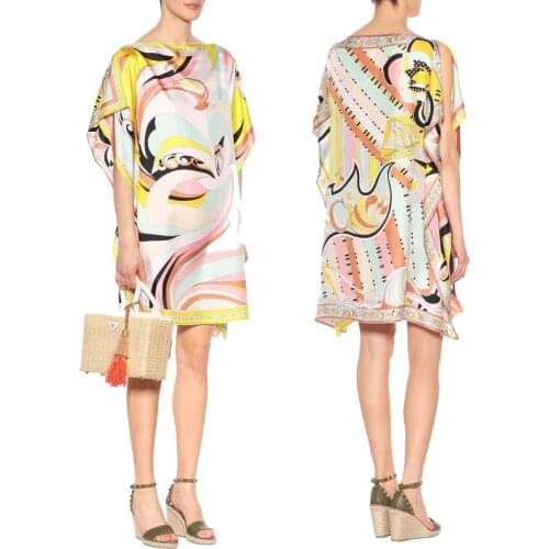 Womens Batwing Sleeve Loose Print Fashion Slash Stretch Knitted silk jersey Dress