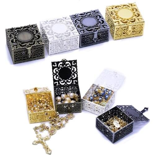 1PC Storage Box Rosary Beads Box Jewelry Protection Case Floral Hollow Vintage Craft Container Girls Lock Box Home Organization