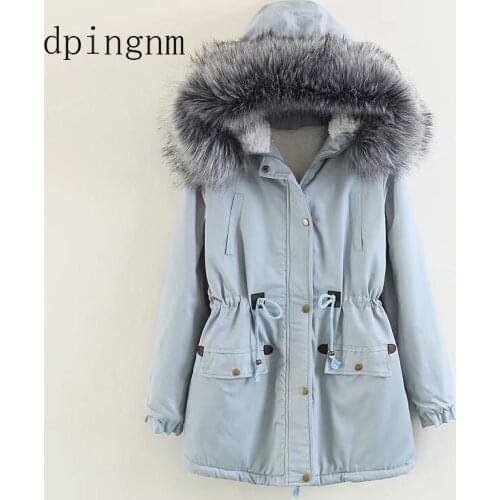 2018 winter new cotton suit waist slim hooded big fur collar plus velvet thickening ladies long section cotton jacket cotton