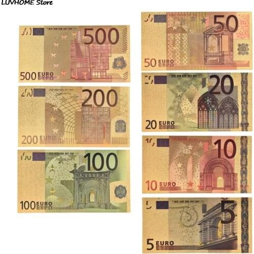 7pcs/set 5 10 20 50 100 200 500 EUR Gold Banknotes in 24K Gold Fake Paper Money for Collection Euro Banknote Sets