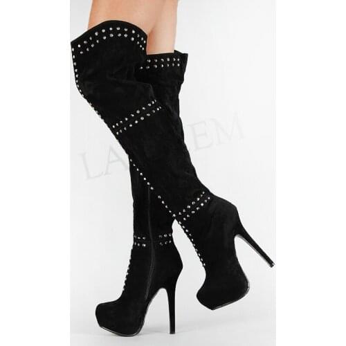 BERZIMER Studded Women Over High Heels Platform Boots Faux Suede Heels Tall Boots Zapatos Ladies Shoes Woman Big Size 39 47 52