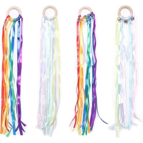 Baby Rainbow Natural Wooden Ribbon Newborn Sensory Bell Toy Shower Gifts Dancing Props for Toddler Wholesale