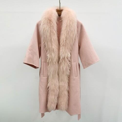 Long Cashmere Fur Coat Women Belt Outerwear Ladies Elegant Real Fur Collar Spring Winter Pink Wool Coat