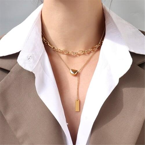316L Stainless Steel Double Layer Wearing Square Necklace Titanium Steel Colorless Lucky Bean Necklace No Fade