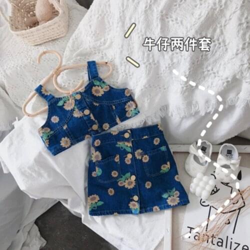 Denim Floral Skirt Vest Short Skirt Two-piece Suit Kids Boutique Clothing Wholesale Toddler Girl Fall Clothes 2021 Kids Clothes