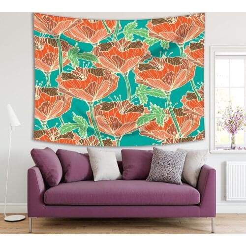 Tapestry Flower Plants Pattern Summer Nature Classic Retro Floral Artwork Printed Coral Brown Blue