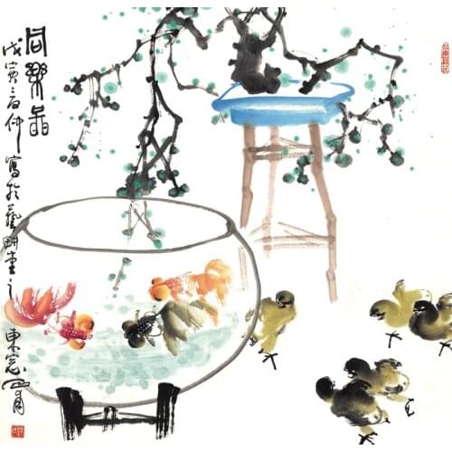 Chinese watercolor goldfish tank chickens scenery oil painting canvas printings printed on canvas wall art decoration picture