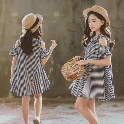 Summer Girl Dress Plaid Leakage Shoulder Knee-Length Fashion Kids Clothes Girls 3 To 11 Years Soft Comfy Cute Toddler Dress 2021