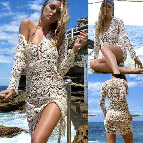 Summer Women Ladies Knit Crochet Bikini Cover Up Mesh Fishnet Swimsuit Swimwear Bathing Suit Beach Long Dress Female Beachwear
