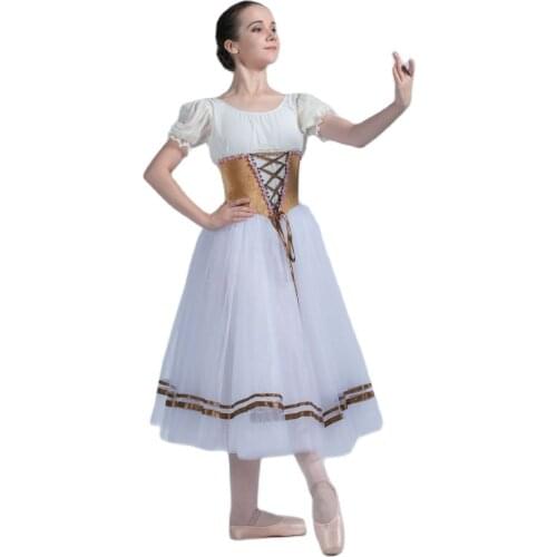 All For Dance Light Brown Velvet Bodice Chiffon Sleeves 360° White Tulle Romantic Long Ballet Dance Dress Ballerina Dance Tutu