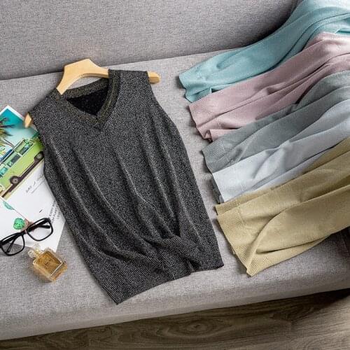 Bright silk camisole womens tanks tops V-neck sleeveless bottoming solid color summer loose with thin knitted top for women