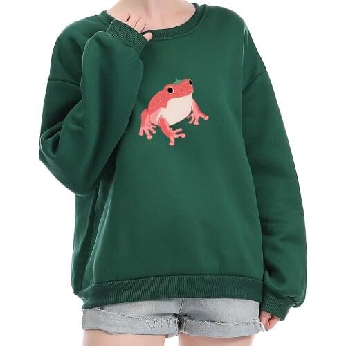 Kawaii Strawberry Frog Sweatshirts Women Thermal Drop Shoulder Pullover Hoodie Girls Pullovers Y2k Crewneck Sweatshirt Aesthetic