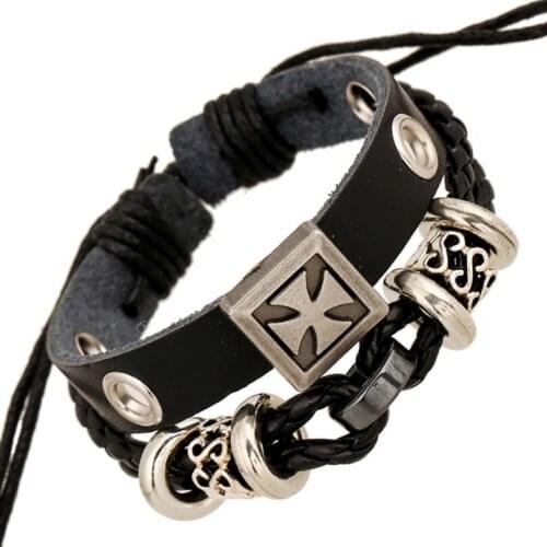 Fashion Casual Black Cross Leather Bracelet Retro Beads Weave Charm Wrap Bangle Multi-layer Hippie Wristbands Rock Punk Jewelry