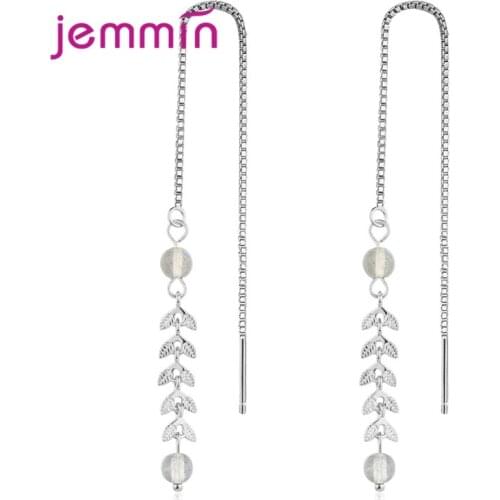 Trendy Genuine 925 Sterling Silver Earrings For Women Girls Bright Ear Wires With Sparkling Moonstone Long Tassel Earrings