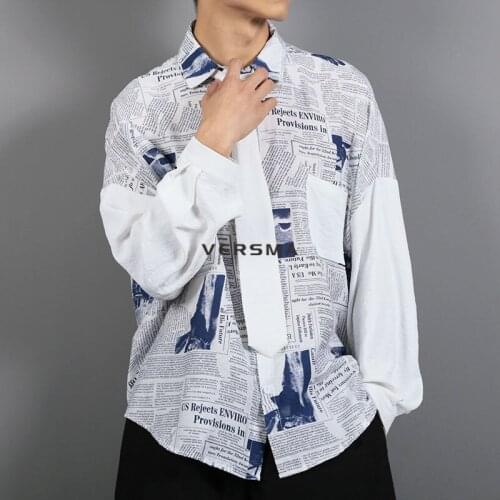 VERSMA Korean Ulzzang Harajuku Oversized Newspaper Print Shirt Male Hip Hop Vintage Long Sleeve Men Hawaiian Shirt Dropshipping