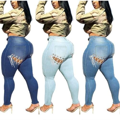 Slim Jeans For Women Skinny High Waist Hollow Out Lace up Woman Denim Pencil Pants Stretch Waist Slim Female Trousers Plus Size