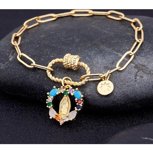 New Design Lock Chain Mary Bracelets For Women Crystal Bracelets Gold Christian Adjustable Handmade Copper CZ Charm Jewelry