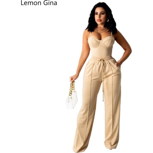 Lemon Gina Solid Color Wide Leg Suit with Strapping Vest
