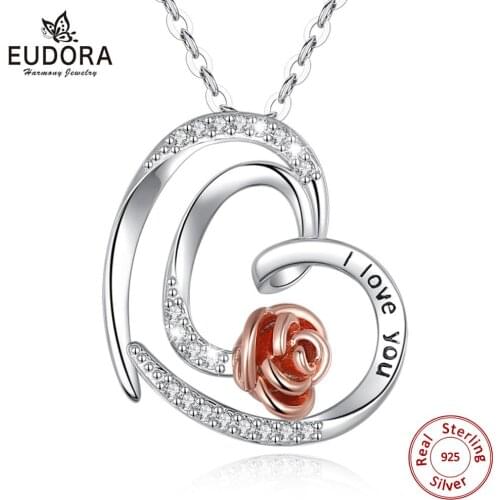 Eudora 925 sterling silver Crystal Rose Heart Pendant necklace Rose gold Flower Romantic Sterling Silver Jewelry party Gift D513