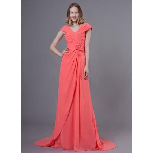 Bridesmaid Dresses Long Chiffon Salmon Flowers Pleated Wedding Party Dress With Train graduation party dress