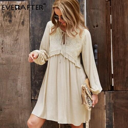 EVERAFTER Elegant V-neck A-line Long Sleeve Women Dress Autumn Winter Ruffled High Waist Casual Office Lady Solid Midi Dresses
