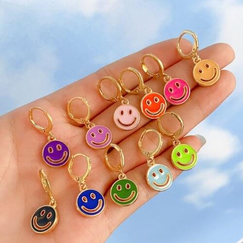 Ins Vintage Colorful Smiley Earrings Simple Metal Drop Oil Smile Happy Face Earrings For Women Girls Fashion Jewelry Hollow Gift