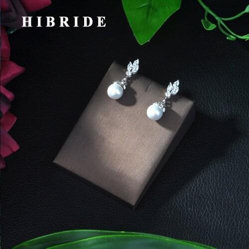 HIBRIDE Fashion Freshwater Pearl Earrings Cubic Zirconia Stone White Gold Color Earrings for Women Engagement Jewelry Gift E-11