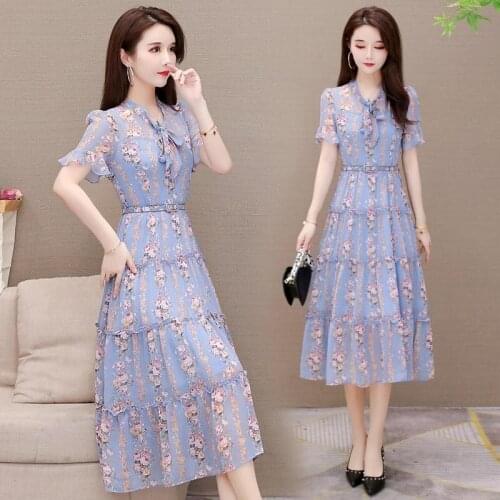 Chiffon Floral Print Summer Fashion Sweet Short Sleeve Tea-length A-line Lace Up Blue Dress Women Vestidos Plus Size Dress