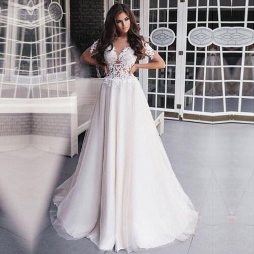 Vestido de Noiva Lace Short Sleeve Wedding Dresses 2021 Appliques Lace Bridal Gown White Ivory Tulle Wedding Dress Custom Made
