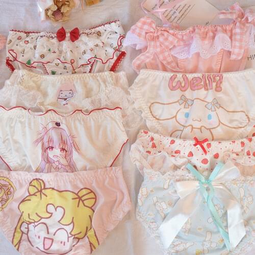 2 pieces M L Lovely Cute Lolita Kawaii Princess Cherry Ruffle women Panties Underwear Brief Thong Lingeries girl Anime