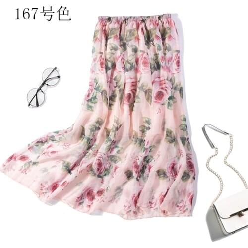 Womens 100% Silk Maxi Skirt Printed Two-Layer Pleated Long Skirt Summer Beach 20 colors JN098-1