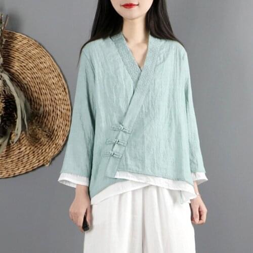 Ladies Chinese Tops 2021 New Blouses Spring Retro Oblique Shirt Qipao Cheongsam Top Hanfu Chinese Style Clothing Women 12409