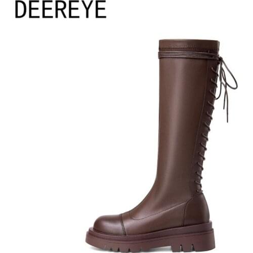 British Style Women Knight Long The Knee Boots Lace-Up Cross Strap Thick Bottom Heel Motorcycle Round Toe Zipper Winter Shoes